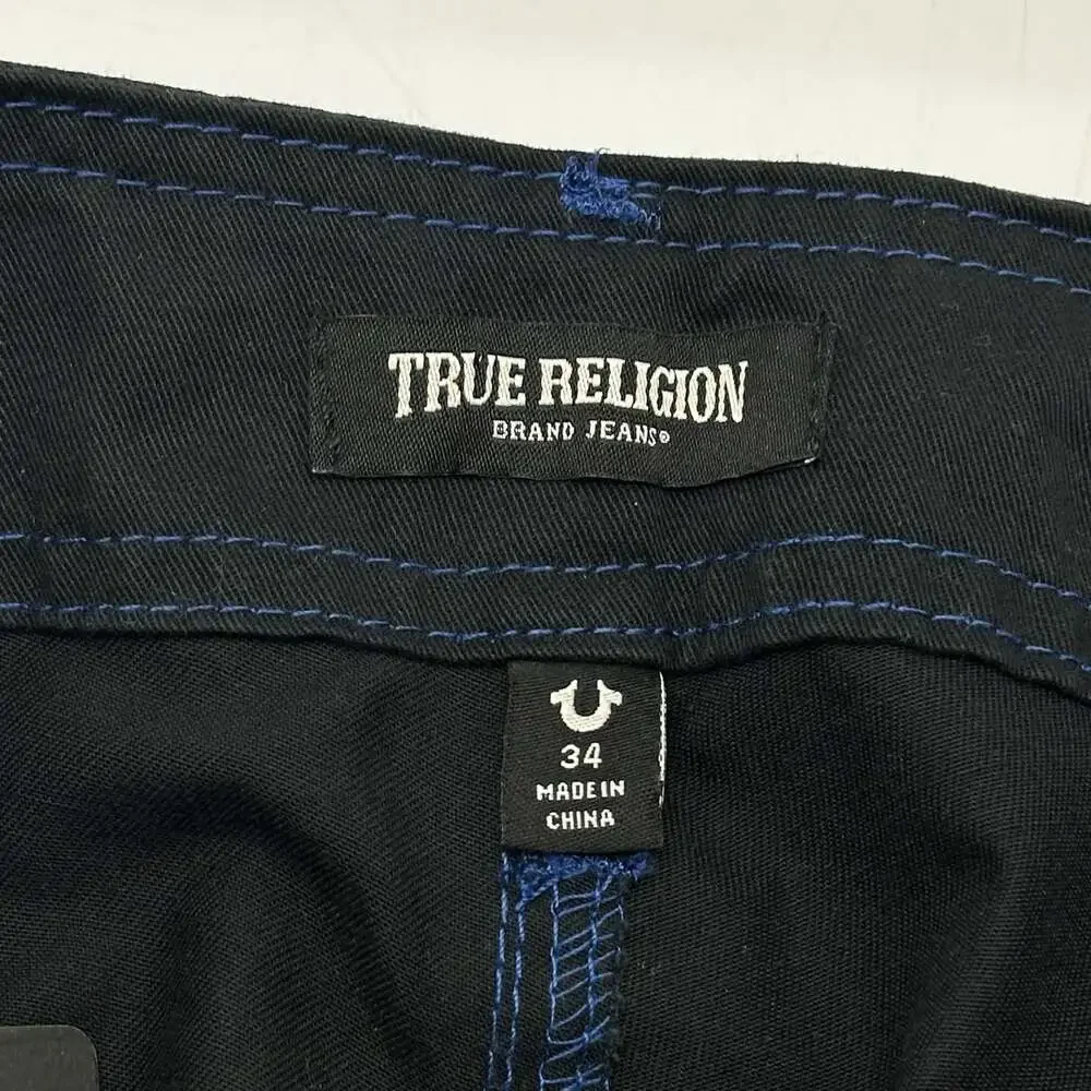 True Religion Size 34 Jet Black Pacific Blue Stitch Flap Baggy Cargo Pants NWT